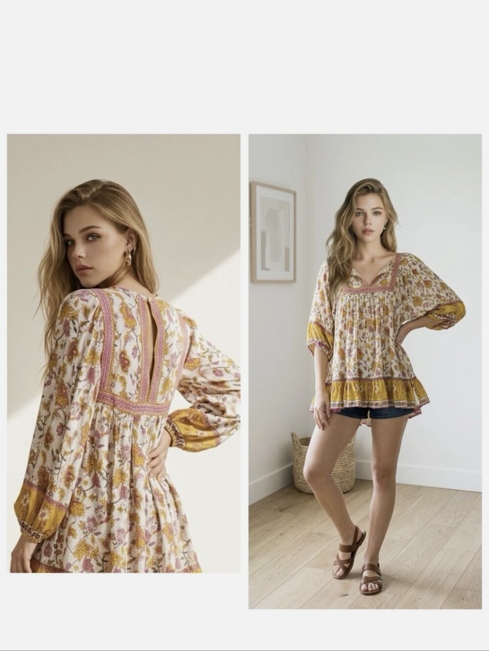 Rachel Zoe Boho Floral Babydoll Peasant Top Sz.M NWT